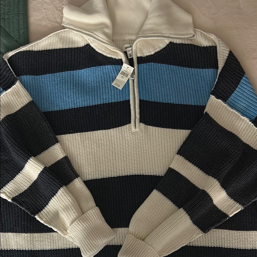 Aerie Cream and Blue Zip Up Sweater with Sporty Stripes